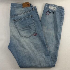 American Eagle Button Fly Vintage Hi-Rise Embroidered Distressed Jeans